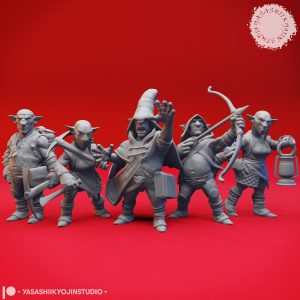 Mysterious Deep Gnome miniature set by Yasashii Kyojin Studio featuring nine underdark poses including Miner, Archer, Lanturn, Spellcaster, Pickaxe, JimJar, Pudding King, Topsy, and Turvy