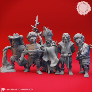 Twisted Derro miniature set by Yasashii Kyojin Studio featuring five underdark poses including Crossbow, Shortspear, Droki, Savant, and Buppido