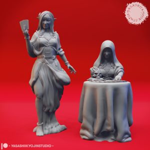 Enigmatic Fortune Teller resin miniature by Yasashii Kyojin Studio holding a divination card with elegant robes and mystical fantasy character detail
