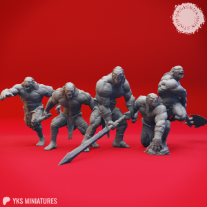 Savage Grimlock miniature set by Yasashii Kyojin Studio featuring five tribal warrior poses including Warchief, Stone Axe, Running, Stone Hatchets, and Bone Dagger