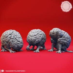 Unpainted Intellect Devourer resin miniature in Sitting, Sniffing, and Searching poses with detailed exposed brain texture, designed by Yasashii Kyojin Studio.