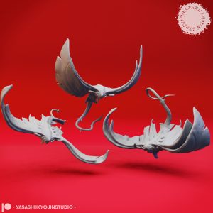 Unpainted Ixitxachitl resin miniature in Flying, Swooping, and Gliding poses with wide manta-like fins and curved tail, designed by Yasashii Kyojin Studio.