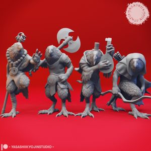 Unpainted Kenku resin miniatures in Barbarian, Bard, Monk, and Rogue poses with detailed feather textures, designed by Yasashii Kyojin Studio.