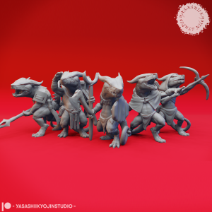 Unpainted Kobold resin miniatures in Trapper, Archer, Spear, Axe, and Sling poses with detailed reptilian scales, designed by Yasashii Kyojin Studio.