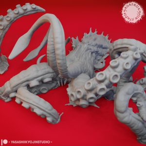 Unpainted Kraken resin miniature with massive tentacles and detailed suction cups, designed by Yasashii Kyojin Studio.