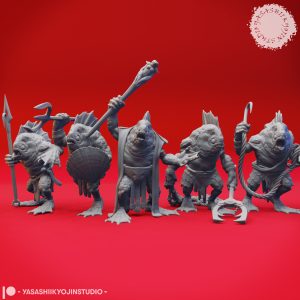 Unpainted Kuo-toa resin miniatures in Hook, Archpriest, Trident, Spear, and Pincer poses designed by Yasashii Kyojin Studio.