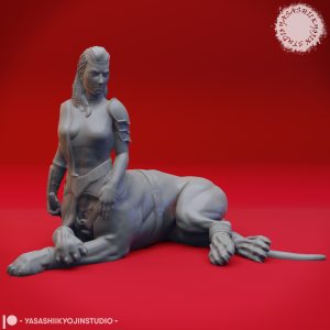 Unpainted Lamia resin miniature with humanoid upper body and lion lower body designed by Yasashii Kyojin Studio.