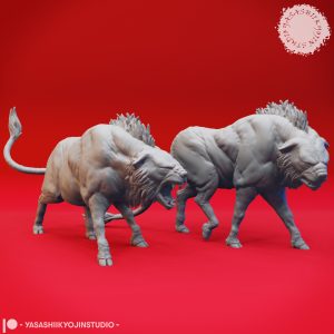 Leucrotta resin miniatures in Snarling and Growling poses with spined back and bone-plated jaws designed by Yasashii Kyojin Studio.