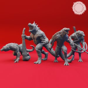 Lizardfolk resin miniatures in seven poses including spear, shield, archer, stalker, warchief, brute and defeated designed by Yasashii Kyojin Studio.