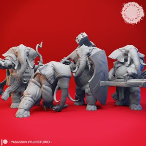 Loxodon resin miniatures in Druid, Ranger, Ninja, and Barbarian poses designed by Yasashii Kyojin Studio.