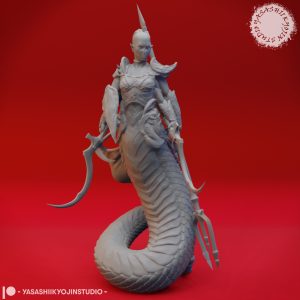 Marilith resin miniature with serpentine lower body and multiple weapon-wielding arms designed by Yasashii Kyojin Studio.