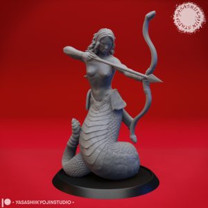 Medusa gorgon archer miniature by Yasashii Kyojin Studio with serpentine body and drawn bow for tabletop RPGs