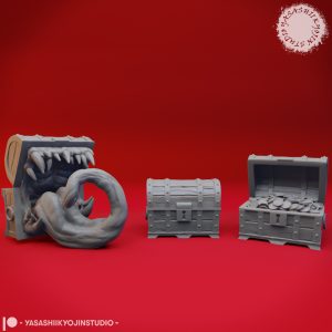 Mimic treasure chest monster miniature by Yasashii Kyojin Studio with teeth and tongue for tabletop RPGs