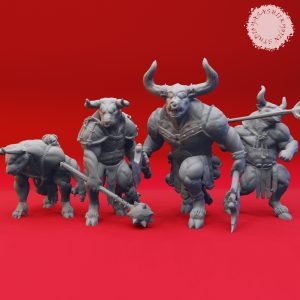 Minotaur warrior miniatures by Yasashii Kyojin Studio featuring multiple combat poses for tabletop RPGs
