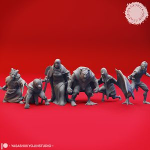 Twisted Mongrelfolk miniature set by Yasashii Kyojin Studio featuring six eerie gothic poses including Otto, Marzena, Cyrus, Clovin, Mishka, and Zygfrek