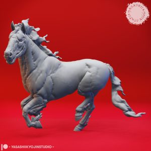 Nightmare infernal warhorse miniature with flaming mane by Yasashii Kyojin Studio for tabletop RPGs