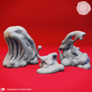 Ochre Jelly ooze miniature by Yasashii Kyojin Studio featuring Mouther, Blob, and Slimer poses for tabletop RPGs