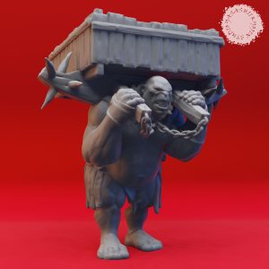 Ogre Loader miniature carrying a large crate designed by Yasashii Kyojin Studio for tabletop RPGs