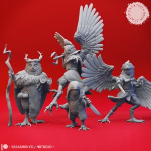 Owling adventurer miniatures including Fighter Swashbuckler Druid and Rogue designed by Yasashii Kyojin Studio