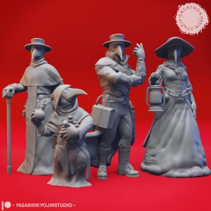 Mysterious Plague Doctor miniature set by Yasashii Kyojin Studio featuring four gothic poses including Lanturn, Artificer, Alchemist, and Cleric