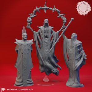 Red Wizard spellcaster miniature set with three poses designed by Yasashii Kyojin Studio