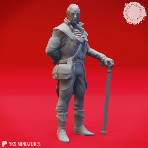 Legendary Rudolph van Richten resin miniature by Yasashii Kyojin Studio with cane, satchel, stern expression, and gothic monster hunter attire