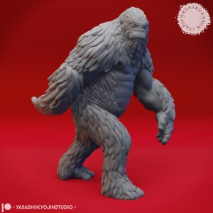 Sasquatch resin miniature by Yasashii Kyojin Studio in an advancing pose with detailed layered fur and muscular cryptid anatomy