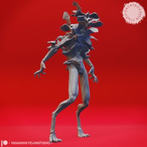 Sinister Shrike Fiend resin miniature by Yasashii Kyojin Studio with a gaunt humanoid body, clawed hands, screaming maw, and swirling bird swarm