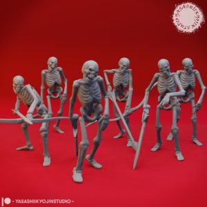 Sinister Skeleton miniature set by Yasashii Kyojin Studio featuring 10 undead poses including Archer, Axe, Spear, Sword, and Walker variants