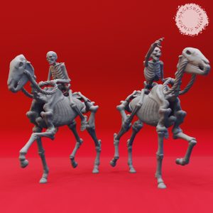 Sinister Skeleton Horse miniature set by Yasashii Kyojin Studio featuring four undead cavalry poses including Rearing, Walking, Rider, and Rider 2