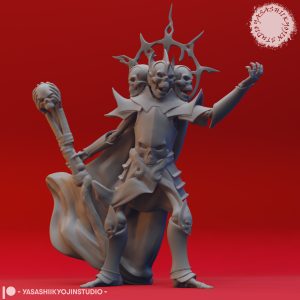 Malevolent Skull Lord resin miniature by Yasashii Kyojin Studio with triple skull crown, bone staff, flowing cloak, and undead overlord armor