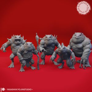 Chaotic Slaad miniature set by Yasashii Kyojin Studio featuring Blue, Death, Gray, Green, and Red frog-like extraplanar monster poses