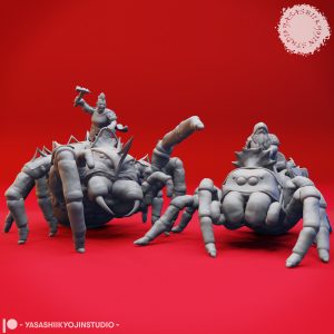 Savage Steeder miniature set by Yasashii Kyojin Studio featuring Battle and Cargo poses with monstrous spider mount detail for underdark tabletop encounters