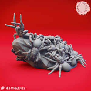 Sinister Swarm of Spiders resin miniature by Yasashii Kyojin Studio featuring a crawling spider nest with clustered eggs on a rocky base