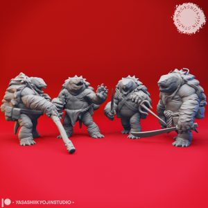 Heroic Tortle miniature set by Yasashii Kyojin Studio featuring four shellback warrior poses with Dual Sword, Bo Staff, Nunchuck, and Dual Sai weapons