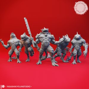 Savage Troglodyte miniature set by Yasashii Kyojin Studio featuring five reptilian cave warrior poses including Alert, Champion, Screaming, Lurking, and Charging
