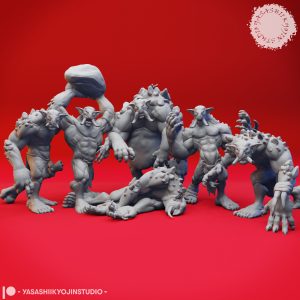 Brutal Troll miniature set by Yasashii Kyojin Studio featuring six savage monster poses including Sneaka, Screama, Clubba, Chucka, Dire, and Defeated