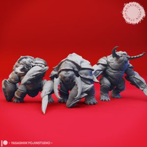 Brutal Umber Hulk miniature set by Yasashii Kyojin Studio featuring three burrowing monster poses including Screeching, Lobbing, and Stalking