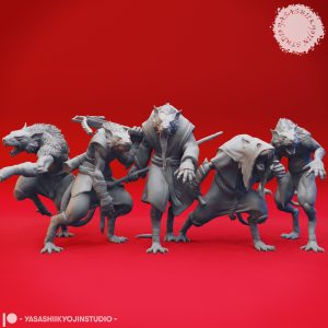 Cunning Wererat miniature set by Yasashii Kyojin Studio featuring five ratfolk poses including Master, Archer, Rogue, Barbarian, and Feral