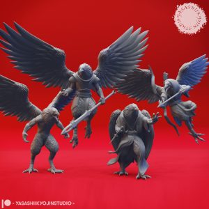 Mysterious Wereraven miniature set by Yasashii Kyojin Studio featuring four winged ravenfolk poses including Fighter, Archer, Rogue, and Barbarian