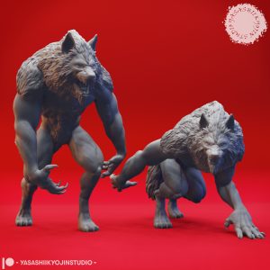 Ferocious Werewolf miniature set by Yasashii Kyojin Studio featuring two lycanthrope poses including Stalking and Upright