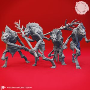 Sinister Witherling miniature set by Yasashii Kyojin Studio featuring four gaunt undead poses including Guarding, Watching, Pointing, and Attacking
