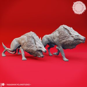 Savage Worg miniature set by Yasashii Kyojin Studio featuring two monstrous wolf poses including Aggravated and Walking