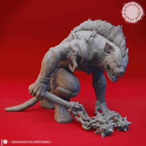 Malevolent Yeenoghu resin miniature by Yasashii Kyojin Studio with a snarling hyena demon face, chained flail, crouched pose, and brutal abyssal presence