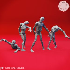 Grim Zombie miniature set by Yasashii Kyojin Studio featuring four undead poses including Crawling, Stalking, Alert, and Hungry